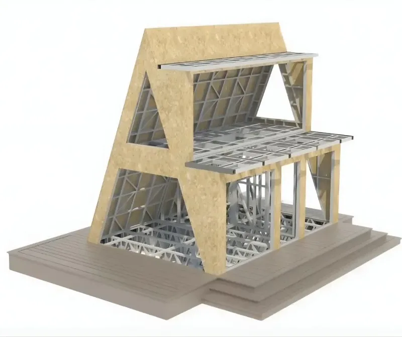 Render of the assembled steel frame closed with boards on the walls and roof