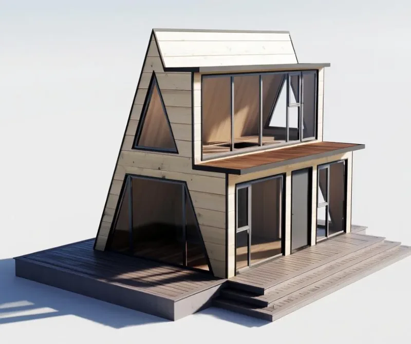 Render of a two-storey house with a triangular roof, a glazed gable and a timber deck
