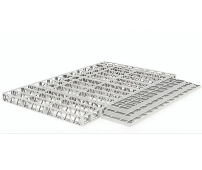 Render of steel floor and wall panels laid out before assembly