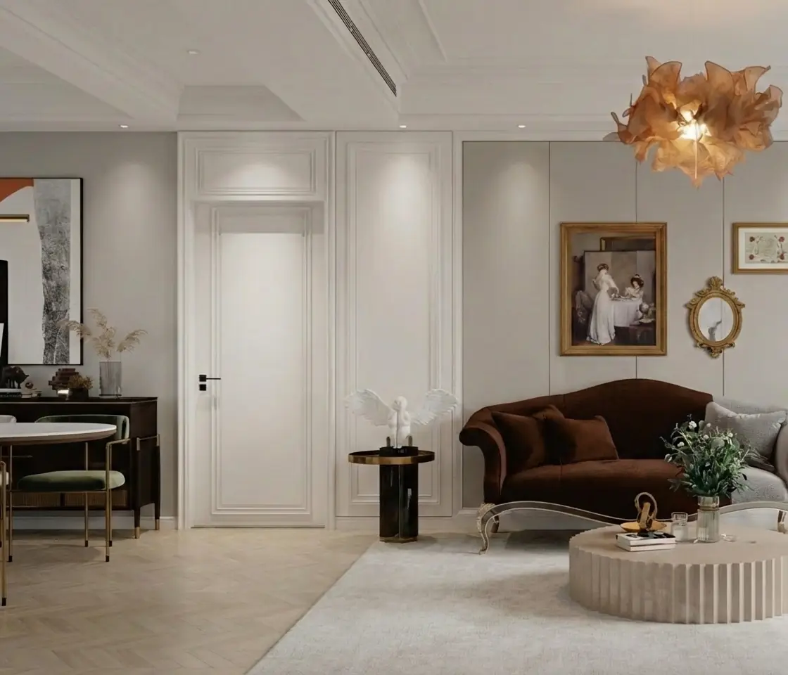A living room with a white door with decorative lines
