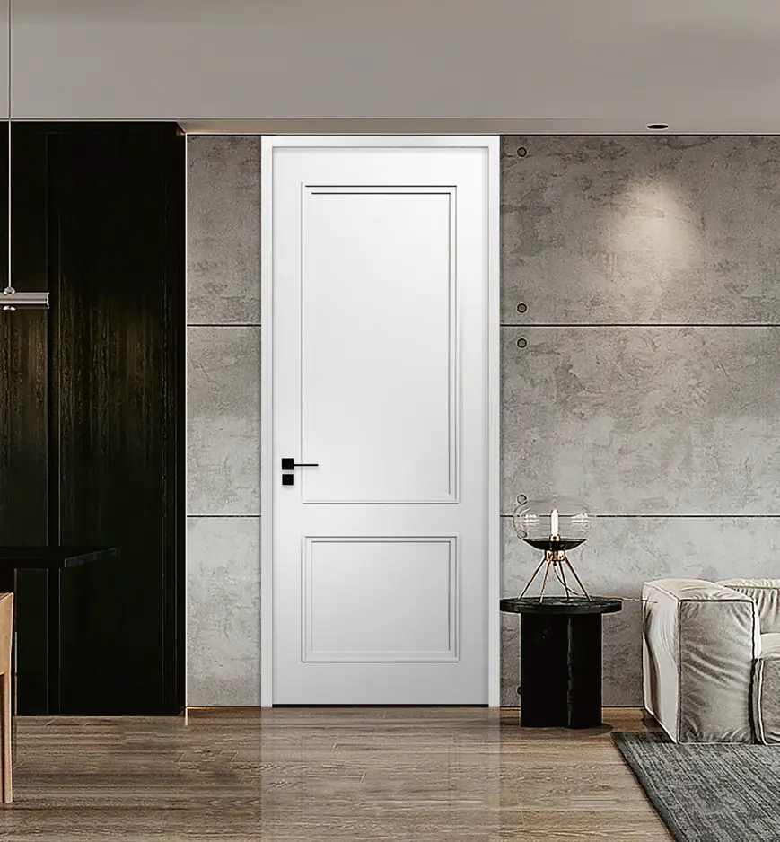 A white door with narrow decorative lines in a living room