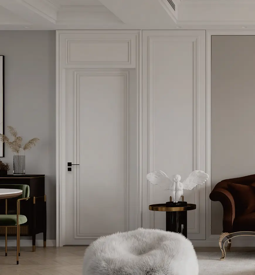 A white door with wide decorative lines in a living room