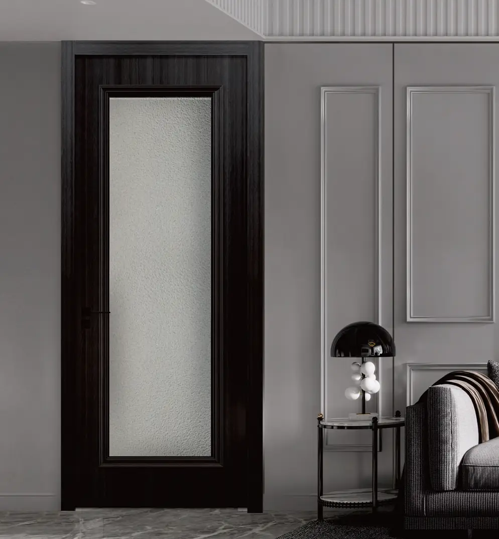 A dark wood door with glass