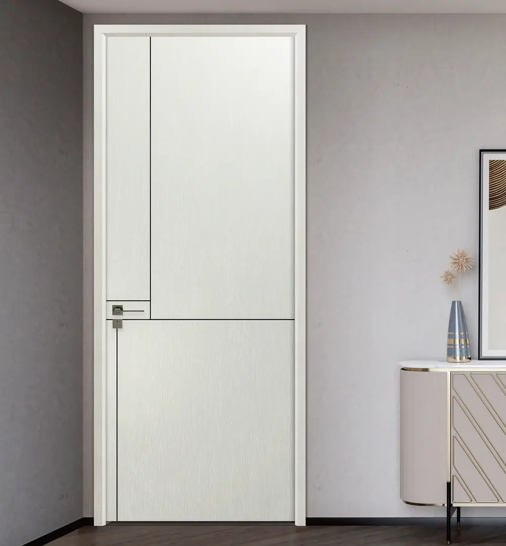 A white door with metal lines