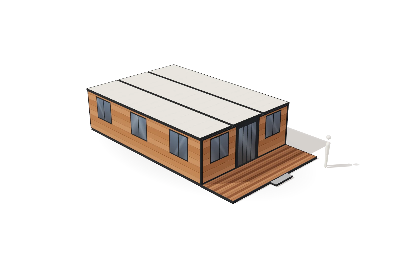 A 58&nbsp;m² Box house, unfolded: 9.00&nbsp;×&nbsp;6.26&nbsp;m, with its terrace.